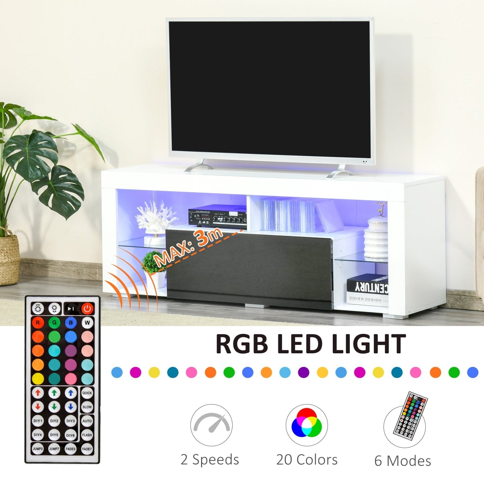 140cm TV Stand Cabinet High Gloss Media TV Stand Unit with LED RGB Light and Storage Shelf for 55 inch TV Black and White