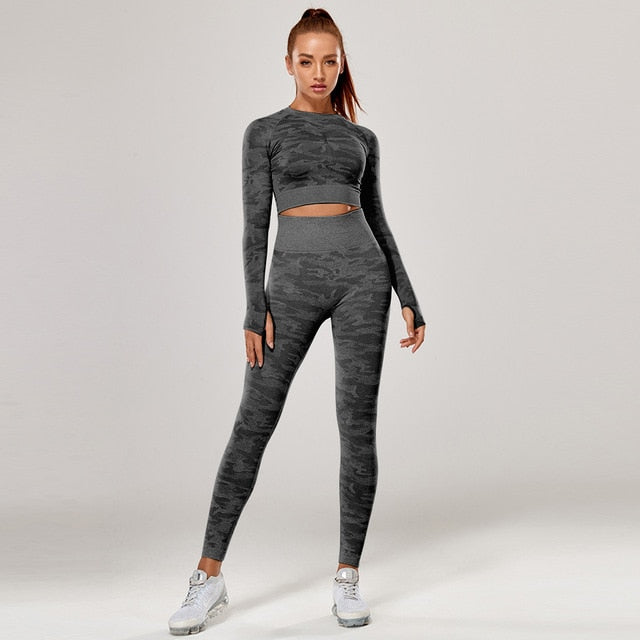 Yoga Set 2 Piece Sport Outfits Gym Activewear Long Sleeve Crop Top + Yoga Pants Running Leggings Suits Workout Tracksuits-8