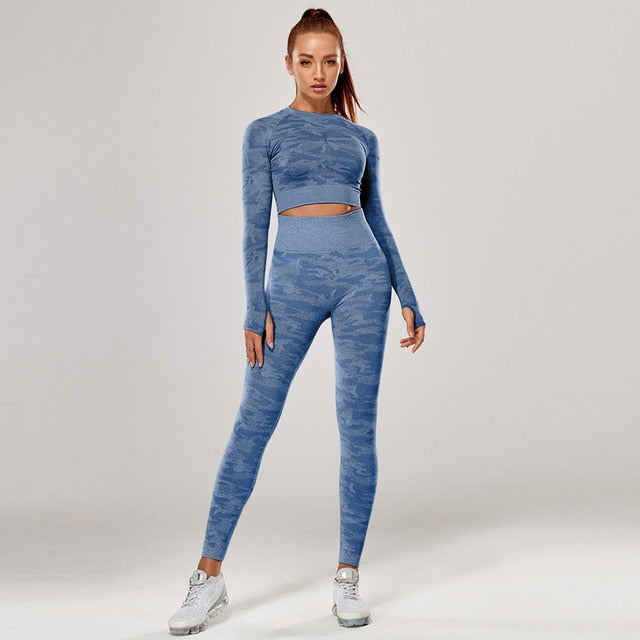 Yoga Set 2 Piece Sport Outfits Gym Activewear Long Sleeve Crop Top + Yoga Pants Running Leggings Suits Workout Tracksuits-1