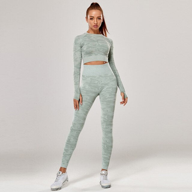 Yoga Set 2 Piece Sport Outfits Gym Activewear Long Sleeve Crop Top + Yoga Pants Running Leggings Suits Workout Tracksuits-7