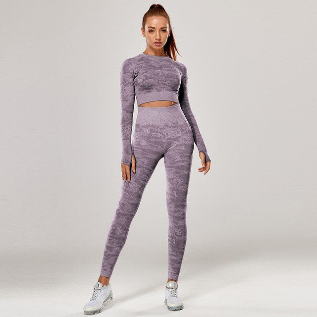 Yoga Set 2 Piece Sport Outfits Gym Activewear Long Sleeve Crop Top + Yoga Pants Running Leggings Suits Workout Tracksuits-5