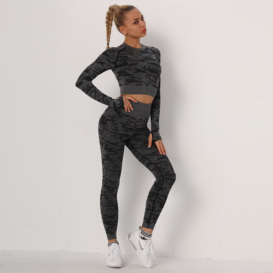Yoga Set 2 Piece Sport Outfits Gym Activewear Long Sleeve Crop Top + Yoga Pants Running Leggings Suits Workout Tracksuits-4