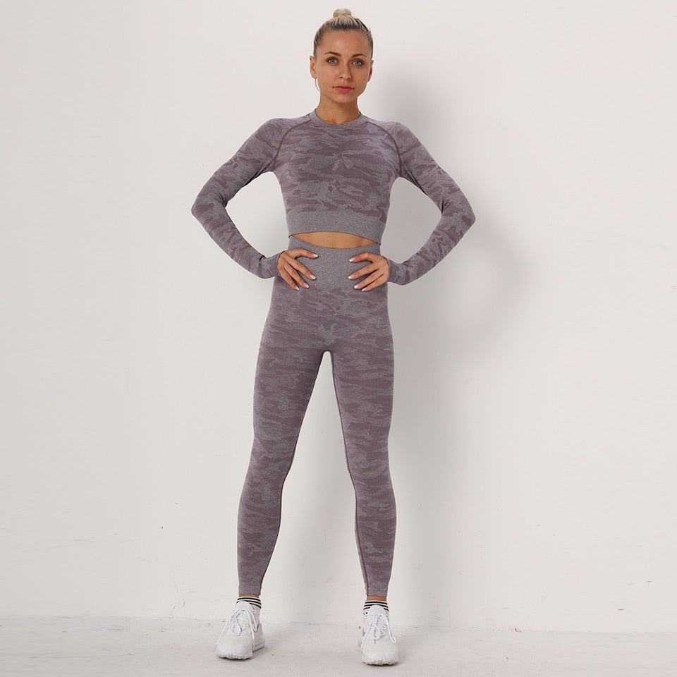 Yoga Set 2 Piece Sport Outfits Gym Activewear Long Sleeve Crop Top + Yoga Pants Running Leggings Suits Workout Tracksuits-0